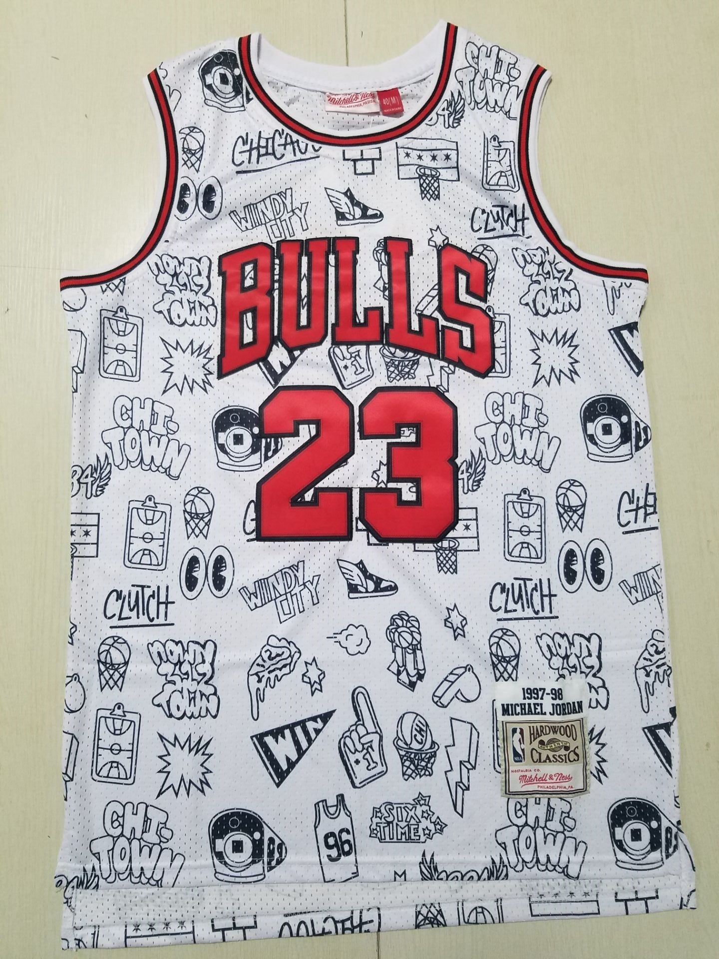 Chicago Bulls Michael Jordan #23 1998 Cartoon Edition White, Black & Red Jersey